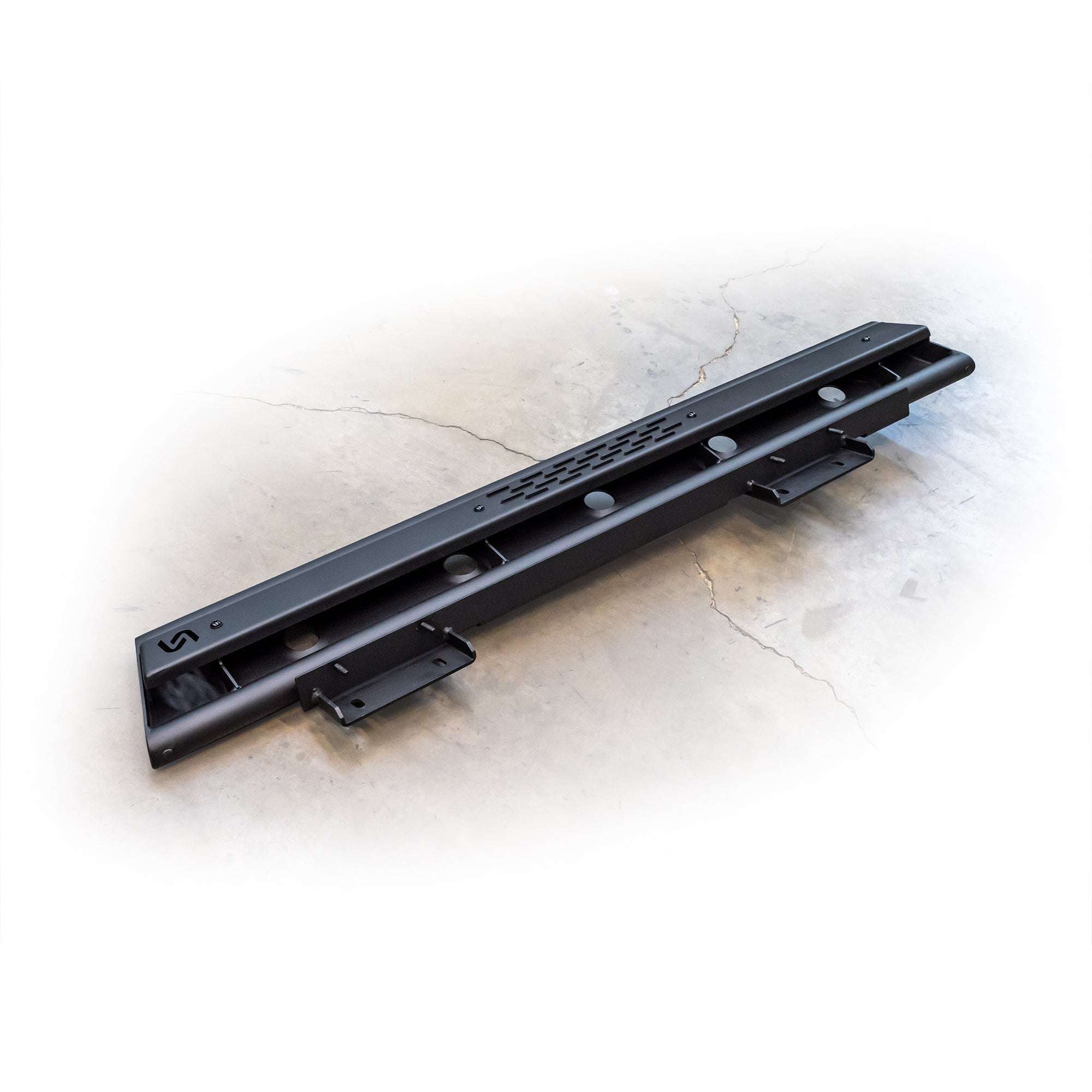 Bottom view of black Ford Bronco 2-Door Slider Step showing mounting points