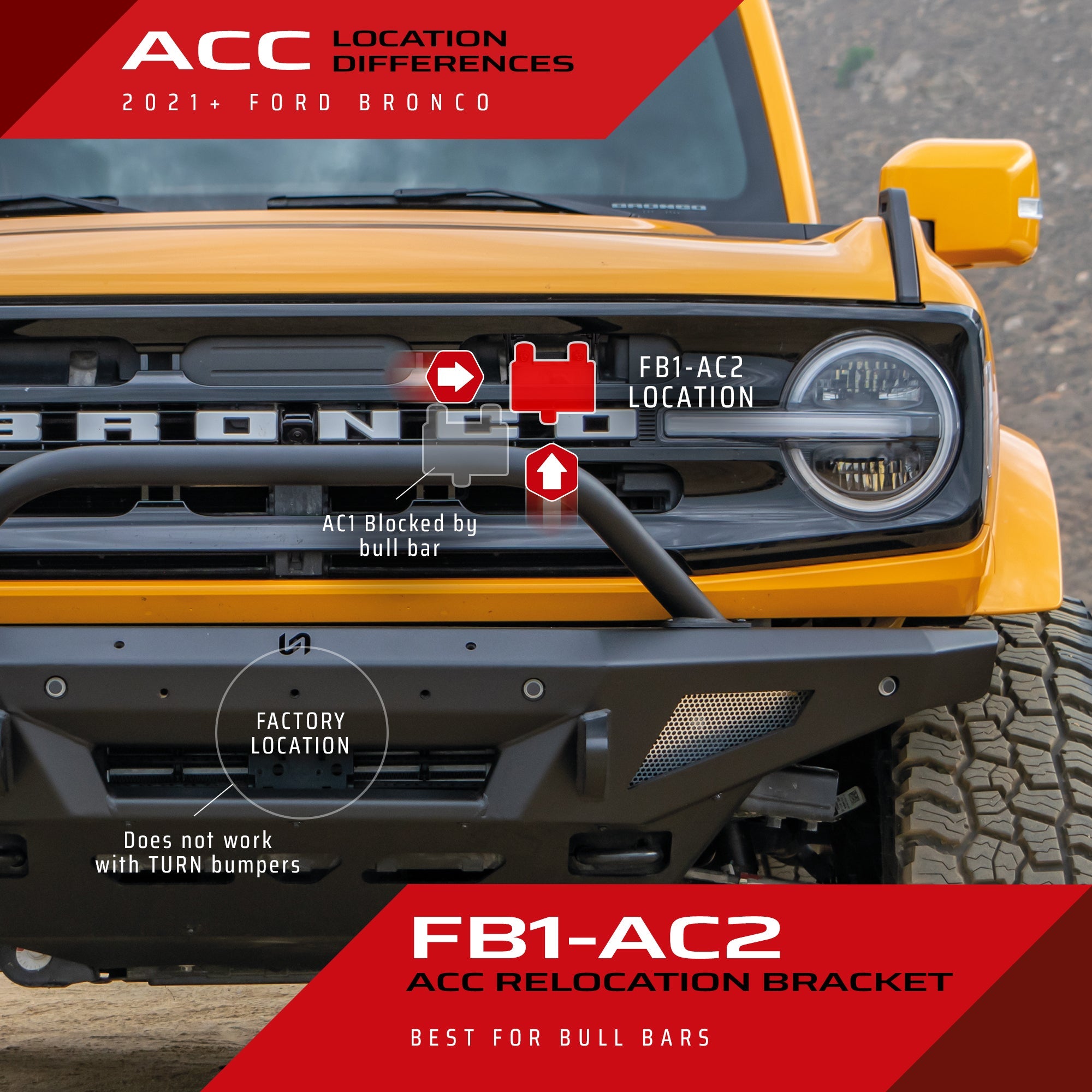 2021+ Ford Bronco ACC Relocation Bracket for Brush & Grill Guards - Turn Offroad