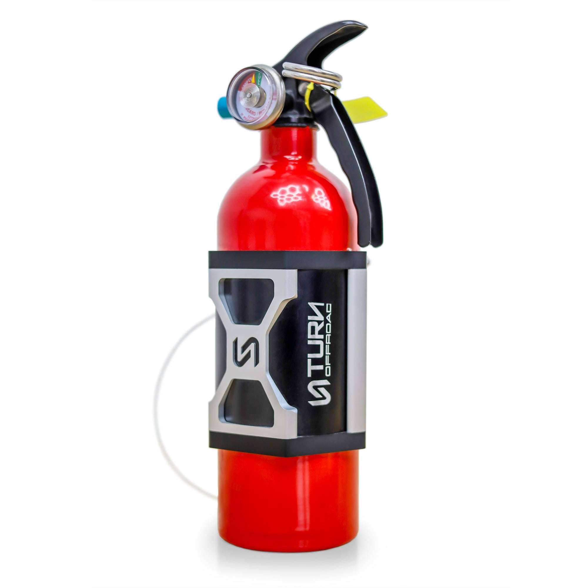 Close-up of fire extinguisher gauge and handle