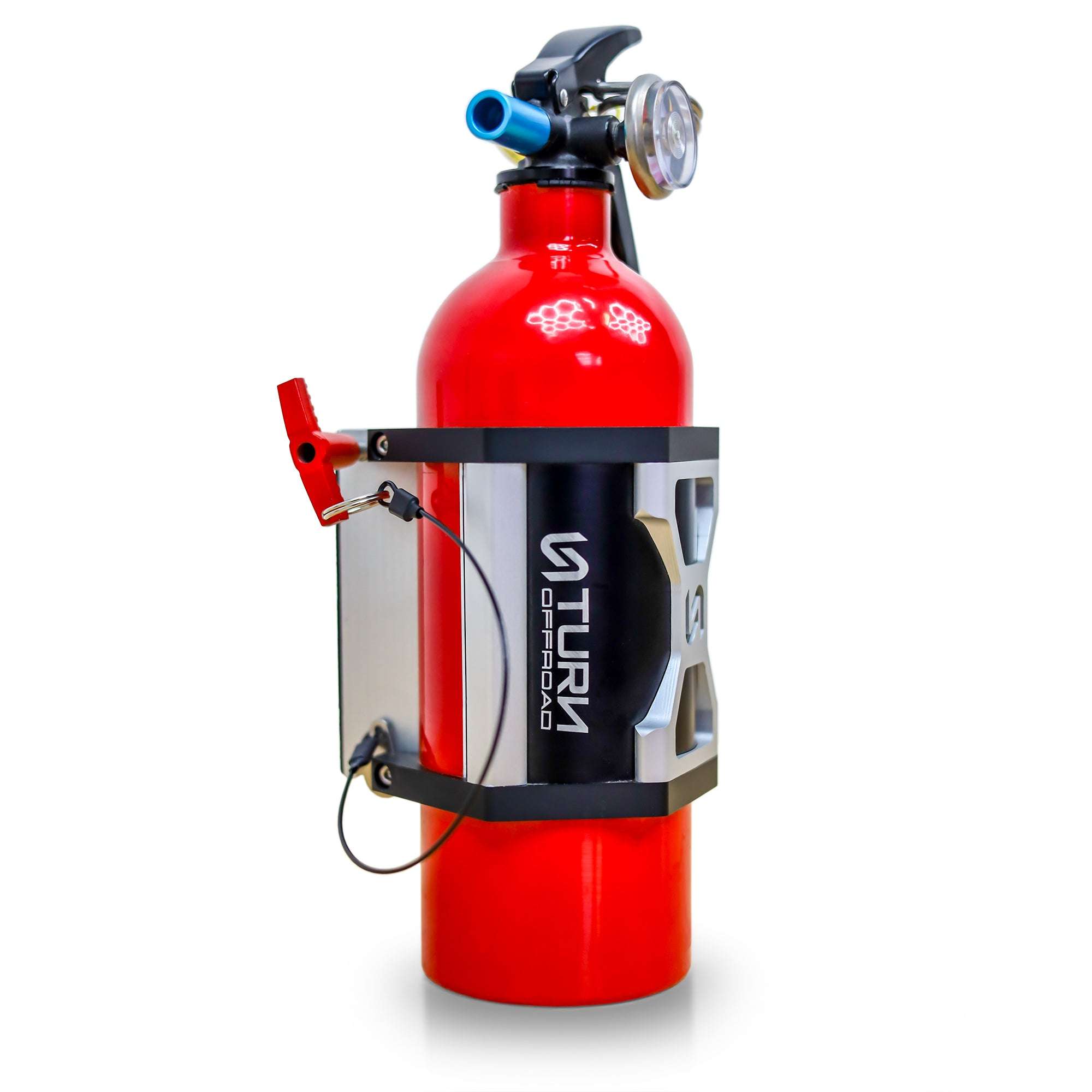 Fire extinguisher with black and blue mounting hardware